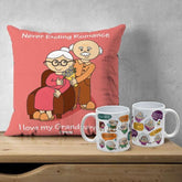 Grandparents Gifts Hamper- Quotes Printed Multicolor Poly Satin Cushion and Ceramic Coffee Mug
